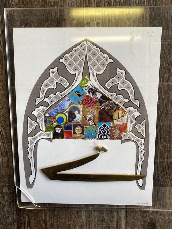 Tempera Surrealismus sign.Anahid 68 wohl Libanon Helmet Art Plexi Framed Brass