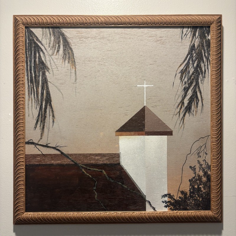 Unsigned Modernist Church Painting on Wood Panel Original Framed Southwest