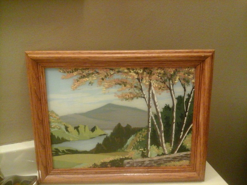 VINTAGE Reverse Glass Fall Landscape Painting Landscape / Woods 14″ X 11″ GC