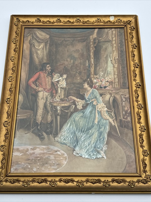 MASTERFUL ANTIQUE PAINTING PORTRAIT INTERIOR MILITARY OFFICER PRETTY WOMAN MODEL