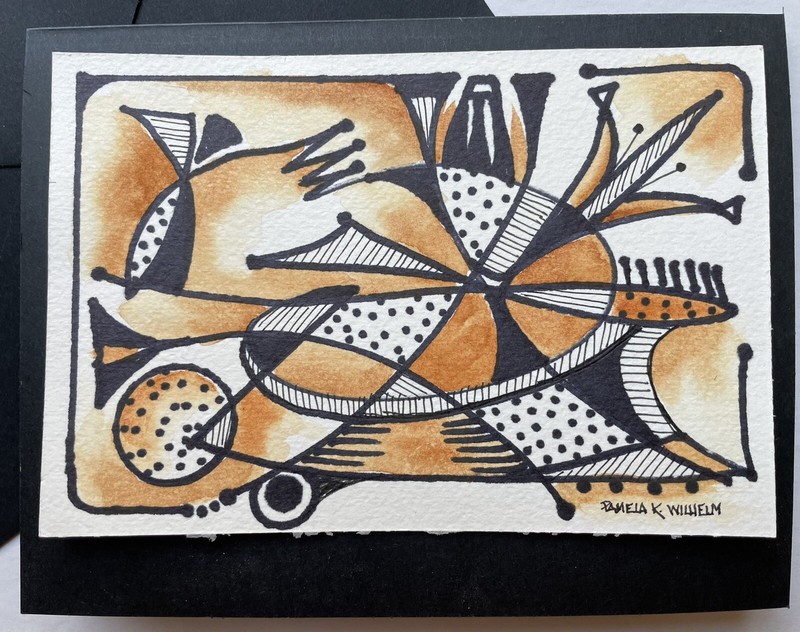 4”x6” Original Watercolor & Ink Pamela Wilhelm Whimsical Black Bronze On Card￼￼