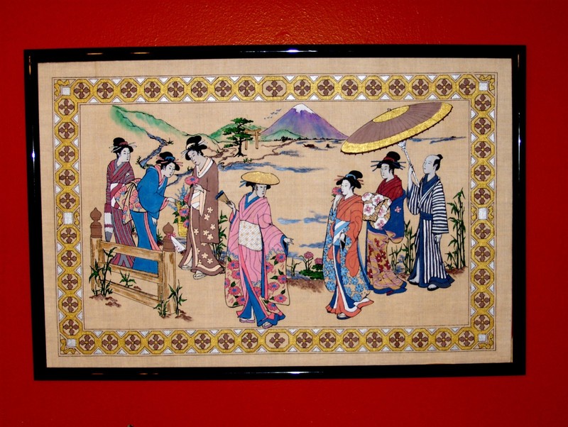 GORGEOUS ORIGINAL Geisha Asian High Society Ladies Mountain Garden Paint Linen