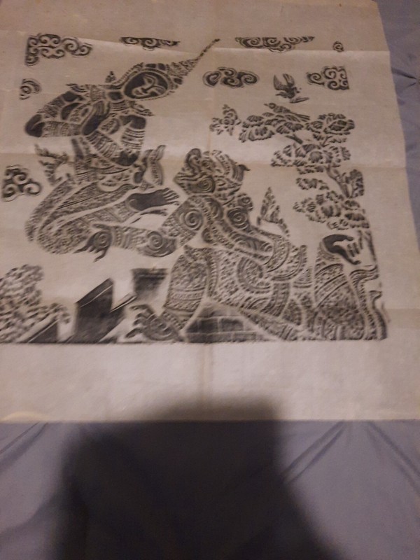 Thai or Bali Temple Rubbing Charcoal Painting Lion Hindu Goddess, Bird