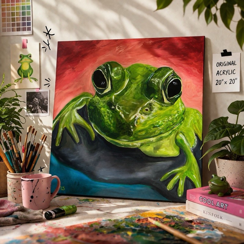 Green Frog Painting Whimsical Animal Wall Art Bold Eclectic Decor 20 X 20”
