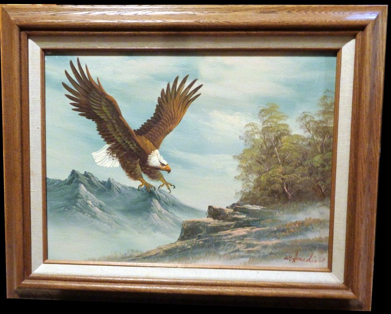 W. IMADIO Bald Eagle In Pursuit Framed Original Oil Painting 17×21