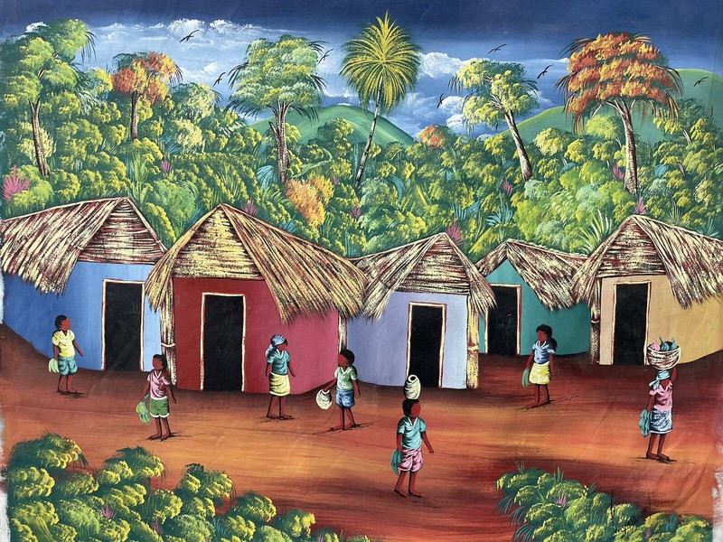 Original Haitian oil hand painting 40inx21in haitian village people working