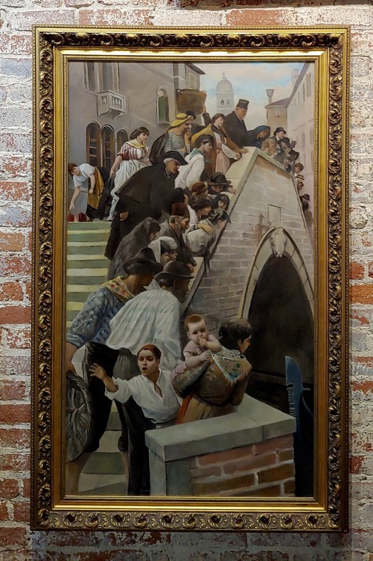 Scaratti -19th Century Venetian Scene Crowd of People on the Bridge-Oil painting