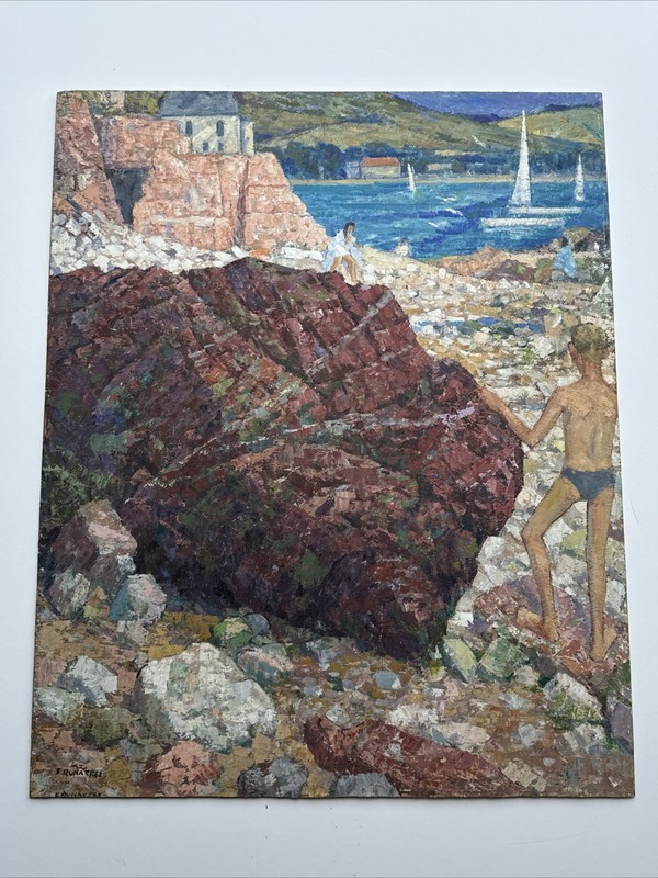 MID CENTURY PAINTING COAST BEACH LARGE ROCKS BOATS FRANK RUNACRES OIL LISTED