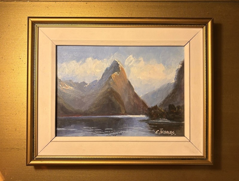 Original E.J. Thomas Oil Painting Mitre Peak Milford Sound New Zealand 1999