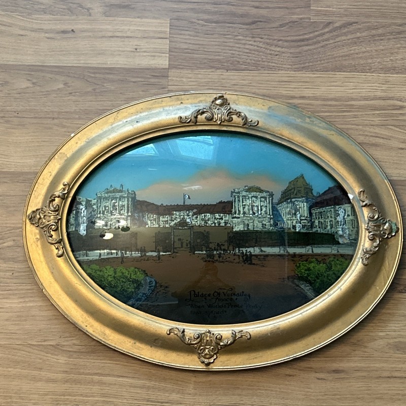 Vtg Palace Of Versailles Convex Oval Bubble Glass Reverse Painting Gesso Frame