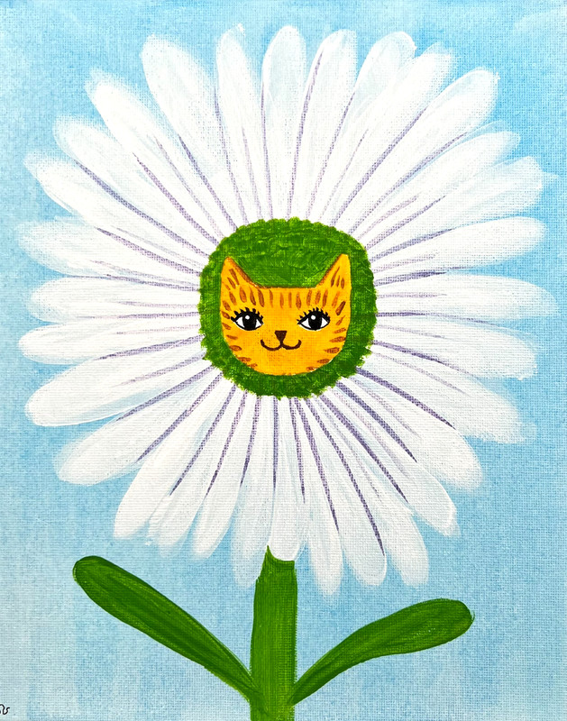 Daisy Cat Flower Creature Painting, Fantasy Cat Art 8x10 gallery