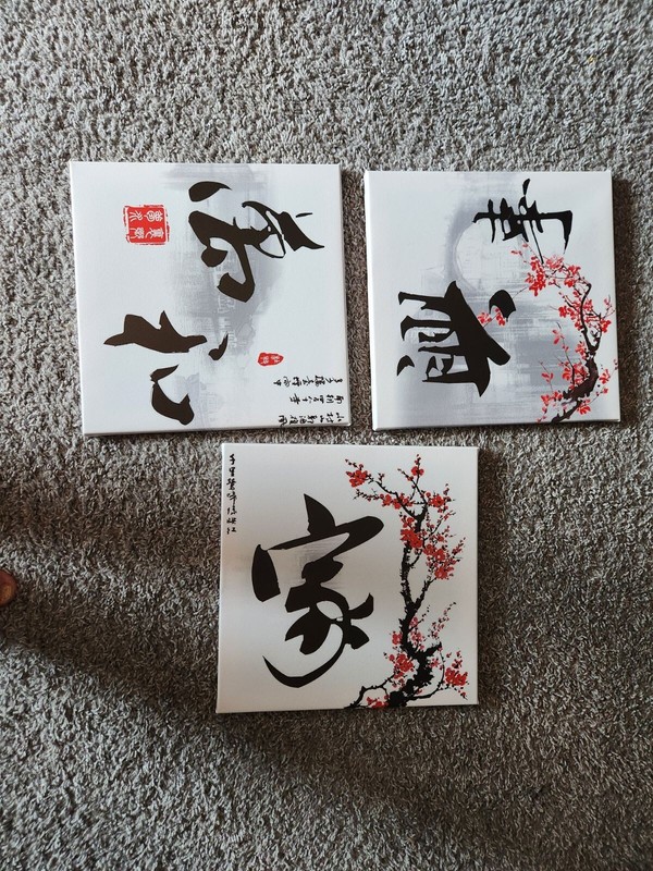 Japanese 12 in by 12 in canvas symbols/signs. Looks new (set of 3)