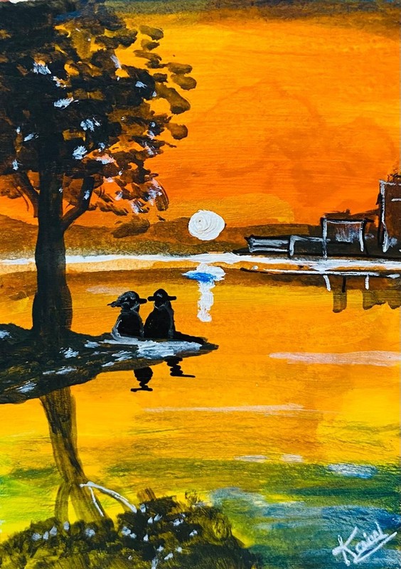 ACEO Golden Sunset Lake Couple Original Acrylic Miniature Landscape Painting