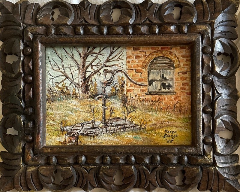 Ornate Hand Carved Wood Frame Country Pump Ruins Art Vintage Original Painting