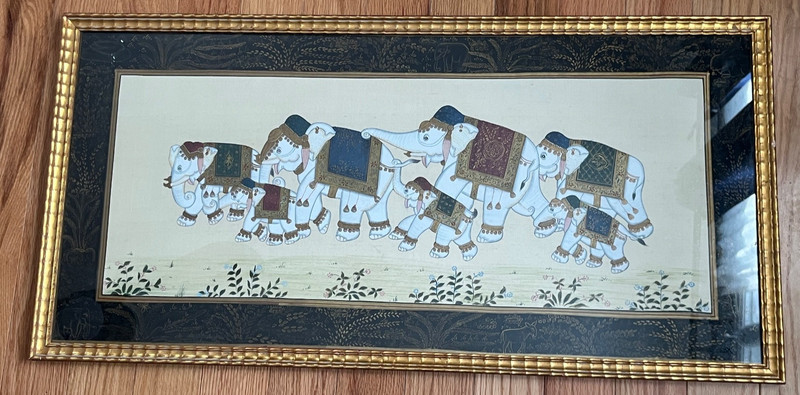 Vtg Royal Elephant Procession Indian Silk Painting Framed 17.5x 35″ Hand Painted