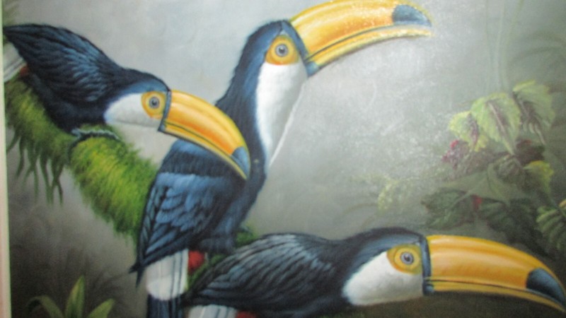 Mid 20th Century Oil Painting Macaws by Mariel Chapot, Framed Hollywood Regency gallery