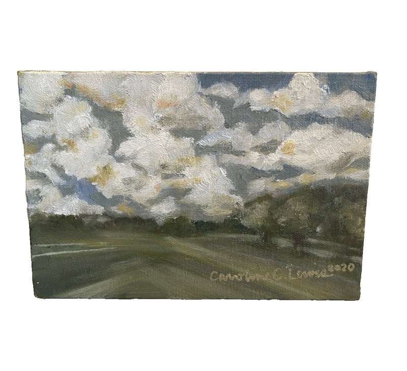 Mini Landscape Oil On Linen Painting 4 x 6 Clouds And Trees Signed Unframed