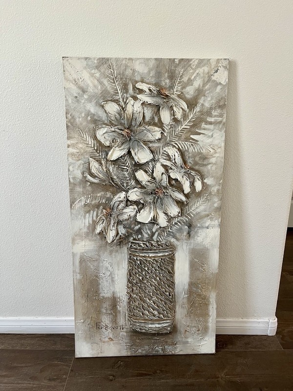 Impasto Painting Textured Floral Vase Wall Art in Neutral Tones 20/39 Inches