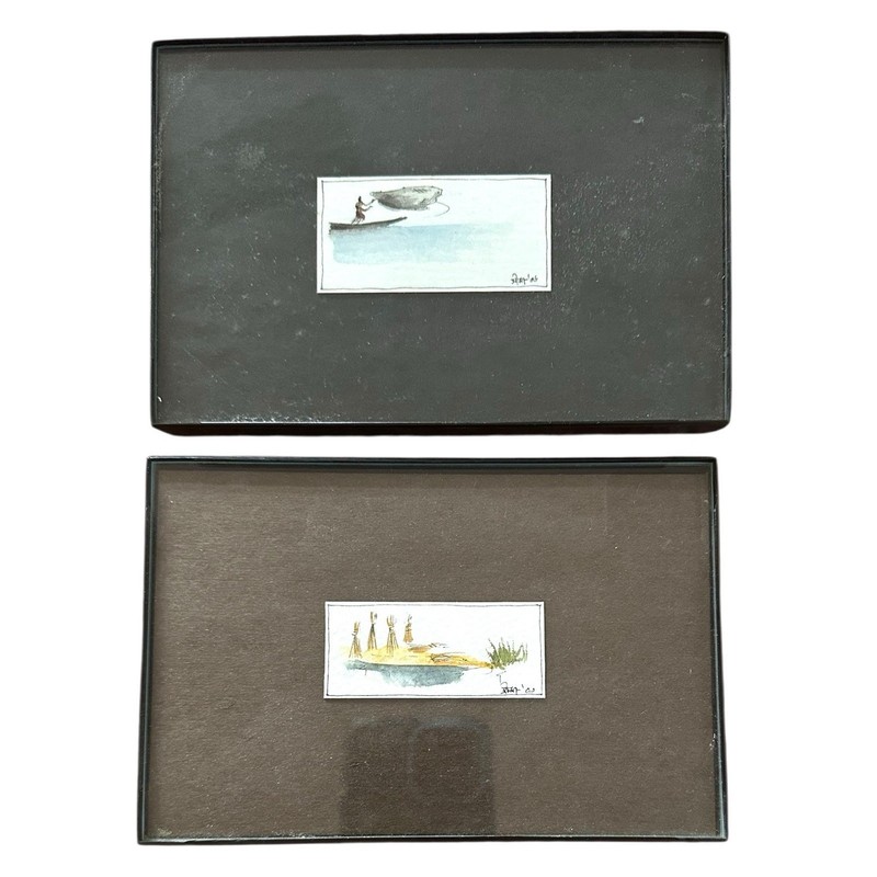 2 Original Signed Dated Miniature Watercolors Fisherman & Beach Scene 4” x 6” gallery