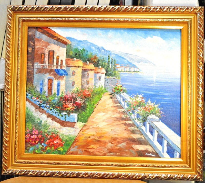 MEDITERRANEAN VILLA SHIP VIEW 24″ STRETCHED PAINTED OIL PAINTING ART GIFT S314