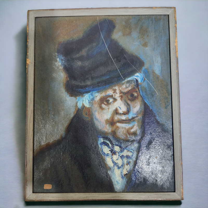 Vintage Oil Painting Rabbi Portrait Jewish Elder Black Hat Wall Art Framed