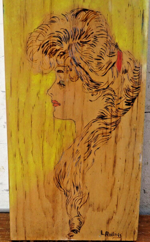 vtg Original Wood Burning painting Gibson Girl – 12.5″x6.75″x.75″ Rollins