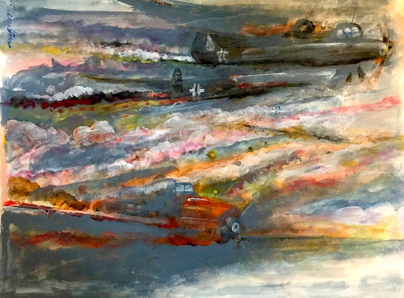 World War II Dogfight 13×15 in. Acrylic on panel Hall Groat Sr.