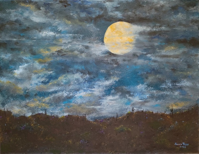 Original oil painting blue moon astronomy landscape night sky clouds evening art