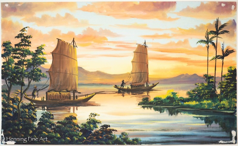 Beautiful Vintage Mid Century South East Asian Junk Boat Landscape Painting 2