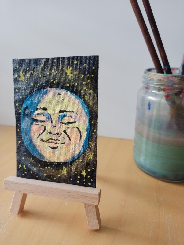 ACEO Celestial Waxing Gibbous Smiling Moon Acrylic Original Mini By O.MyLore