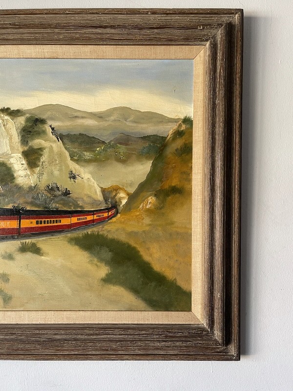 DAVID O’ DOHERTY LOCOMOTIVE TRAIN OIL PAINTING OLD VINTAGE MODERN ART DECO 1965 gallery