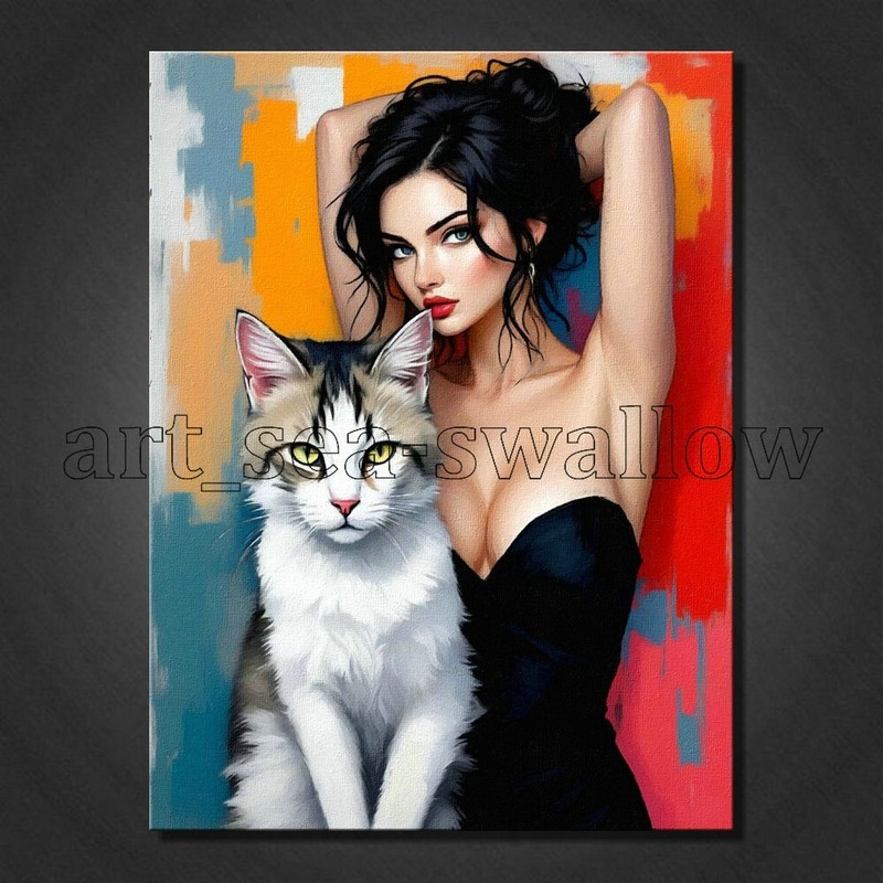 Original oil painting art beautiful girl-cats hand-painted on canvas 20x28in #23