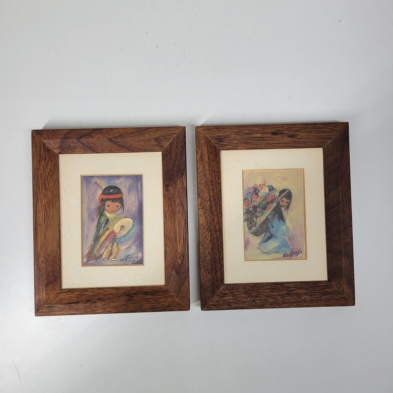 Vintage De Grazia Signed Wall Art Pair 6″x5″ Small Framed Prints 1970s Set of 2