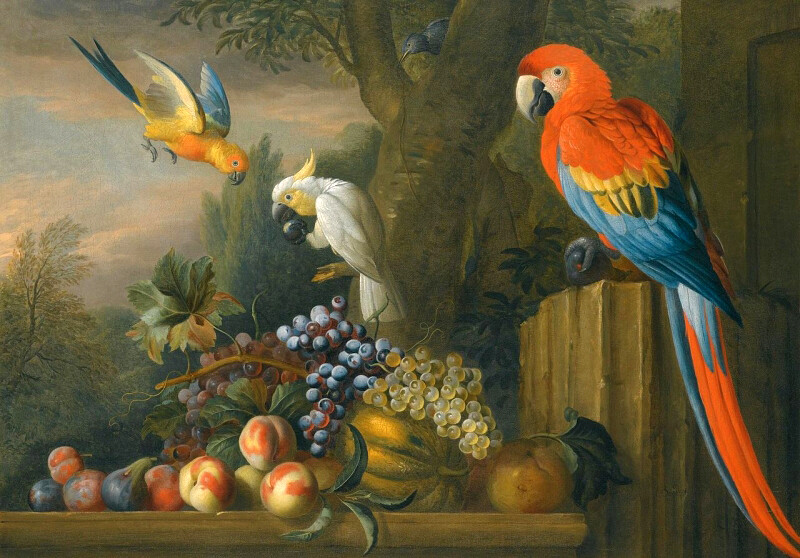 Oil painting A-Still-Life-With-Fruit-Parrots-And-a-Cockatoo-Jakob-Bogdány canvas