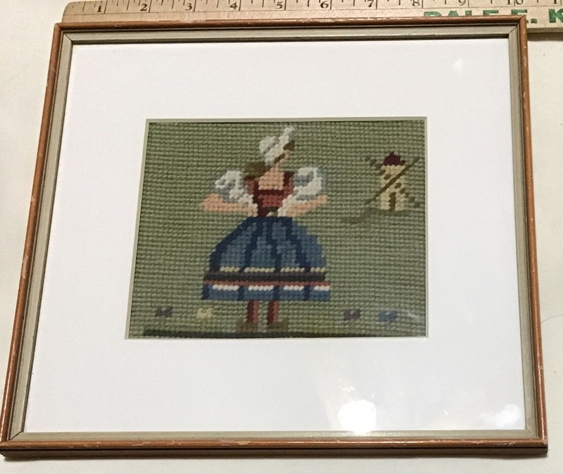 Dutch Girl With Windmill framed Needlepoint with white mat 10” X 10”
