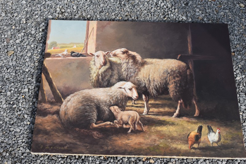 Vintage flemish 60s oil canvas painting sheep lamb chickens farm stable signed