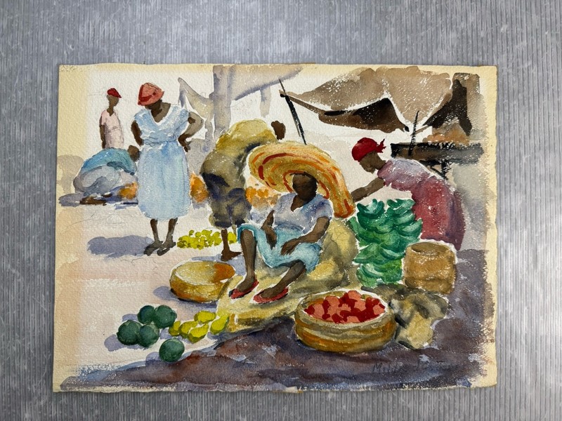 MILDRED C. JONES Caribbean Market Scene original WATERCOLOR PAINTING