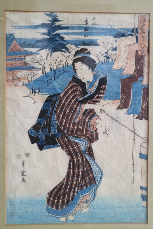 Original Edo Period Ukiyo-e Woodblock Print Hiroshige II (Shigenobu) Woman in Sn gallery