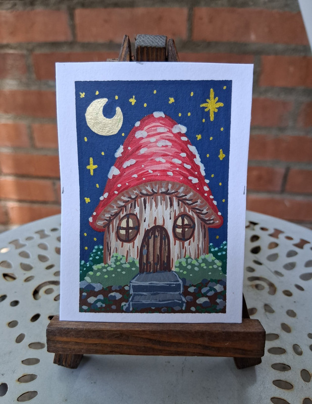 ACEO Sweet GnomeHome Acrylic on Paper Original Signed OOAK Mini Art Card