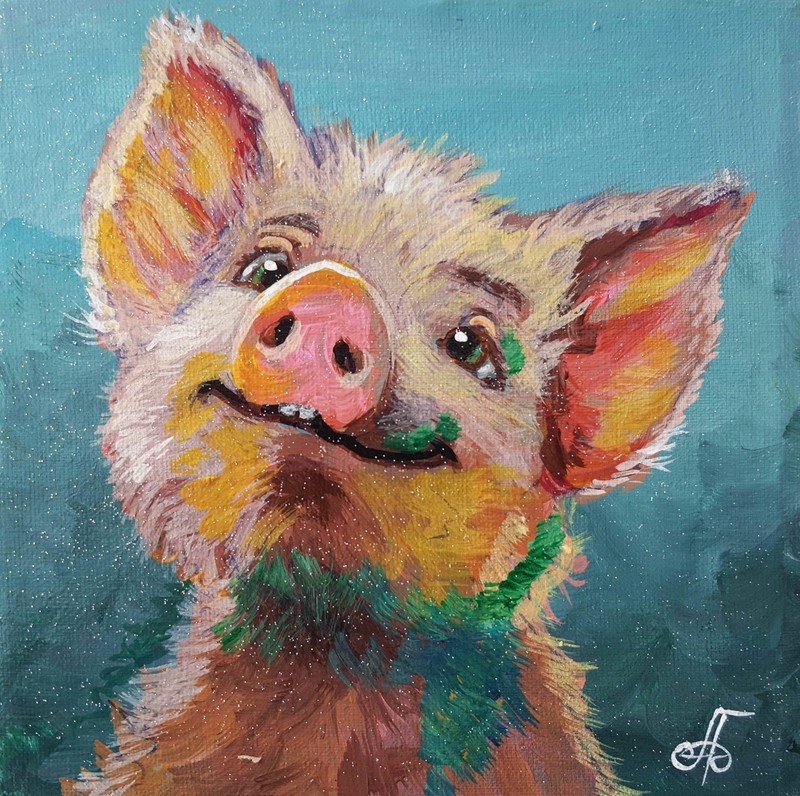 Original Acrylic Painting Cute Happy Pig Portrait Small Hand Painted Canvas Art