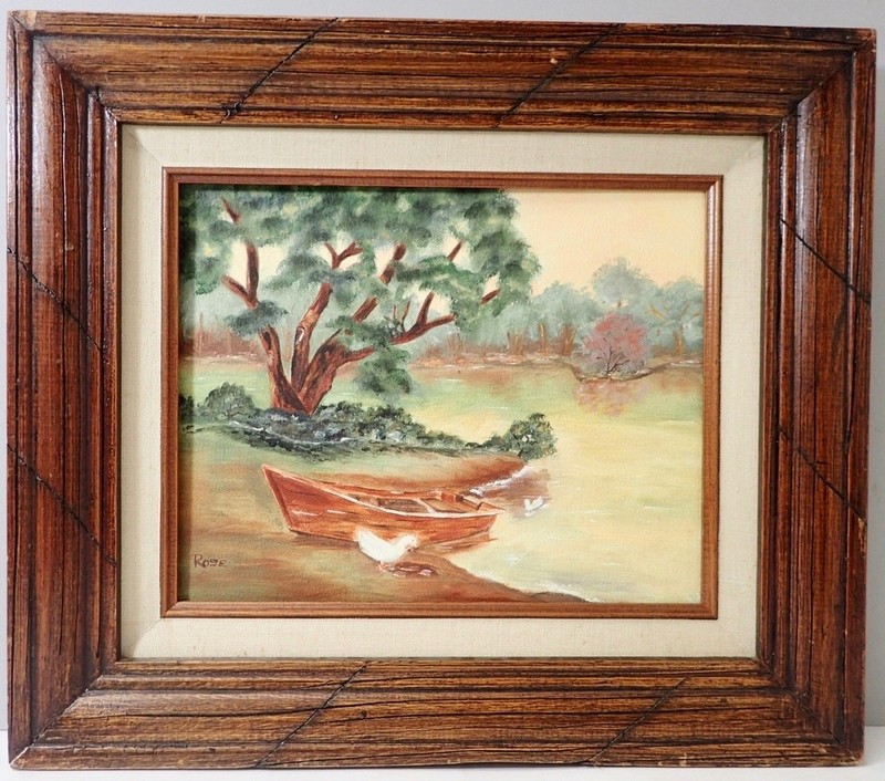 Original Amateur Folk Art River & Row Boat Painting on Canvas Signed «Rose» 10×8