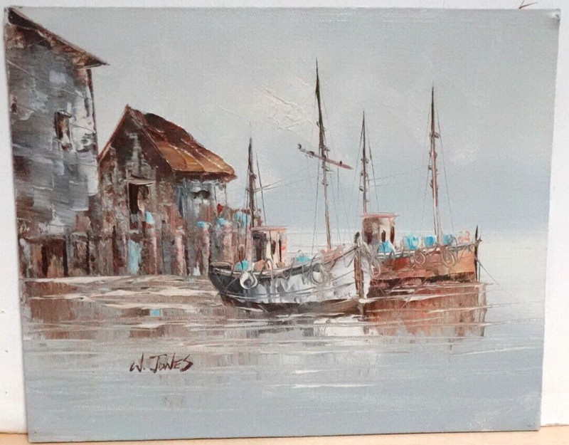 W. JONES FISHING BOATS AT DOCK ORIGINAL OIL BOARD SEASCAPE PAINTING UNFRAMED #2