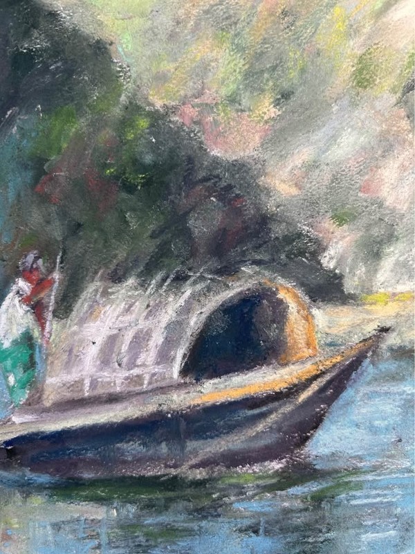 Handmade Pastel Painting, River Boat Reflections, 12x9in Original Fisherman Art gallery