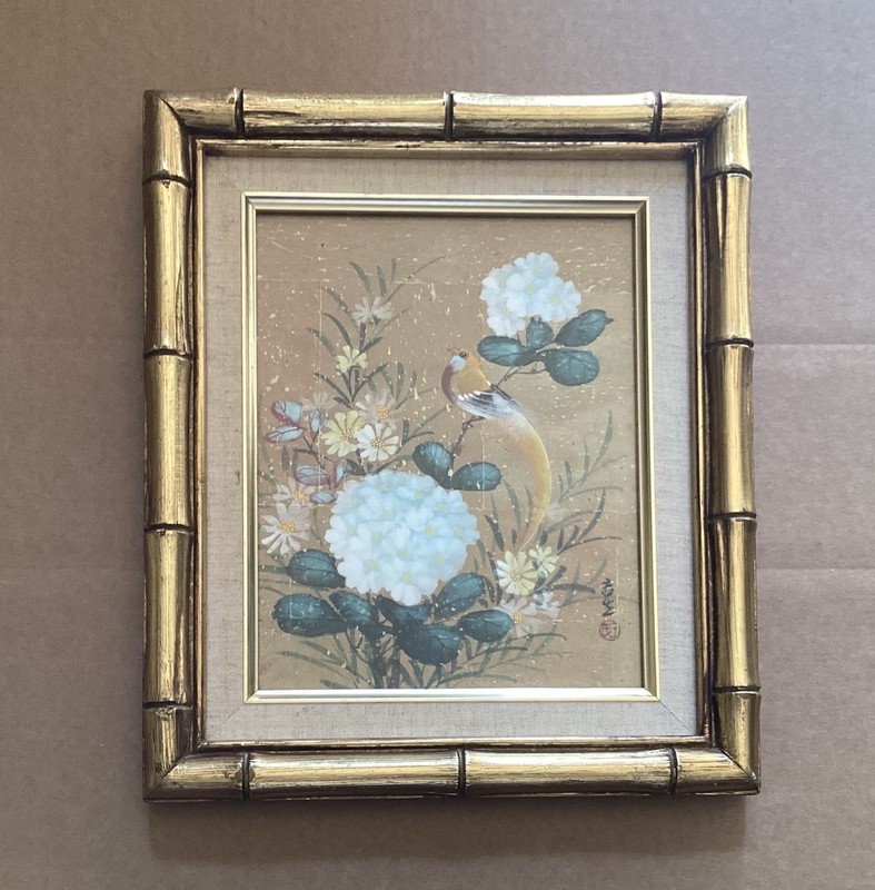 Vintage Original Acrylic Painting, Flowers & Fancy Bird, Taiwan gallery