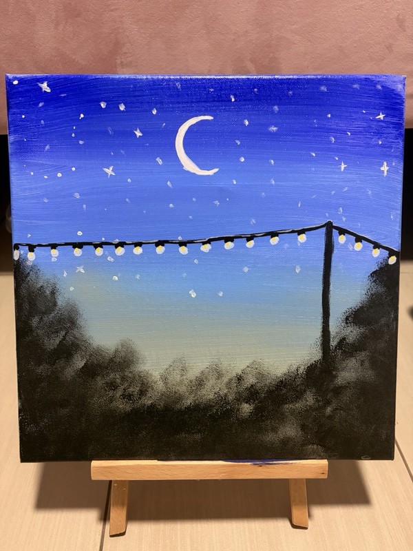Original Acrylic Painting Night Sky, Crescent Moon & String Lights on Canvas