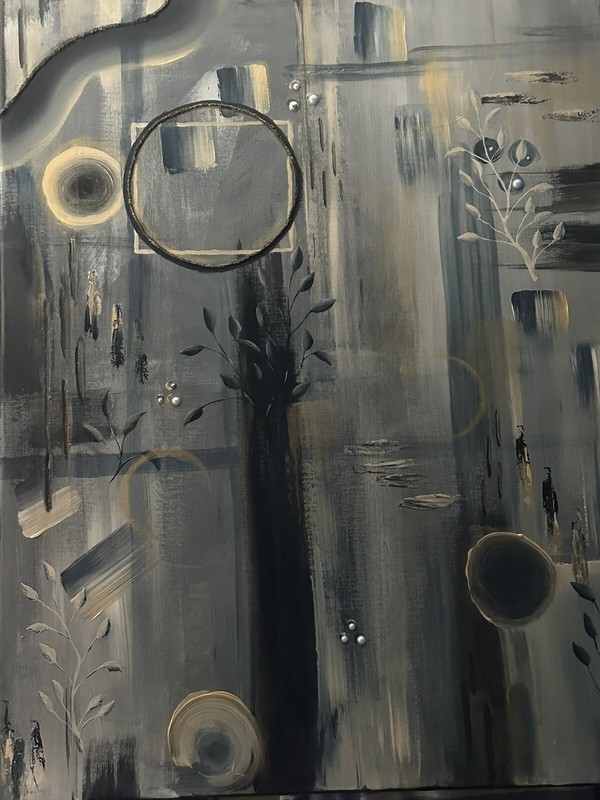 Art By Faith Hand Painted Abstract Deco Black Slate Blue Gold Pearl Bead Accent