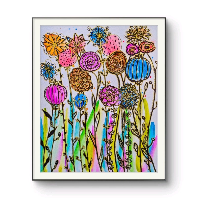 Whimsical Floral Painting Colorful Folk Art Wildflower Garden Decor Watercolor