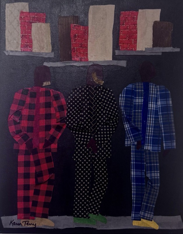 Original Fabric Collage 3 Men 16 in W x 20 in T African American Art