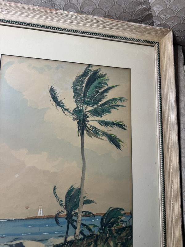 Large Vintage "Windy Coastal Landscape Scene" Watercolor Painting - Framed gallery