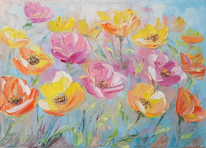 Garden of Soft Colors Original Flower Painting Floral Wall Art Pastel Decor